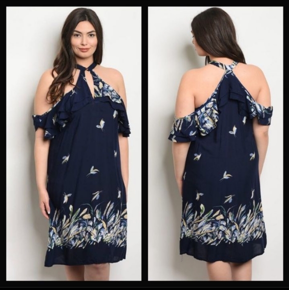 - Dresses & Skirts - Pretty Navy Floral Off Shoulder Midi Dress